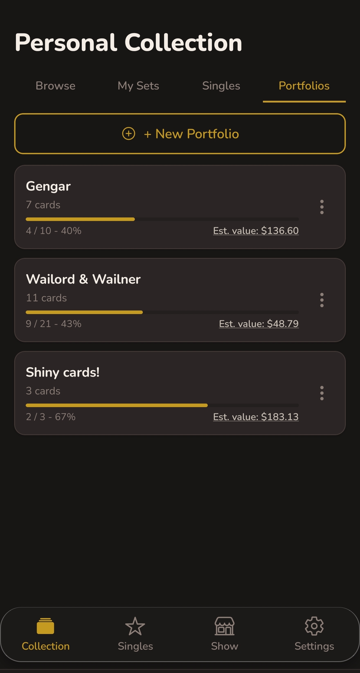 Portfolio view showing a custom Charizard card collection with progress and value tracker