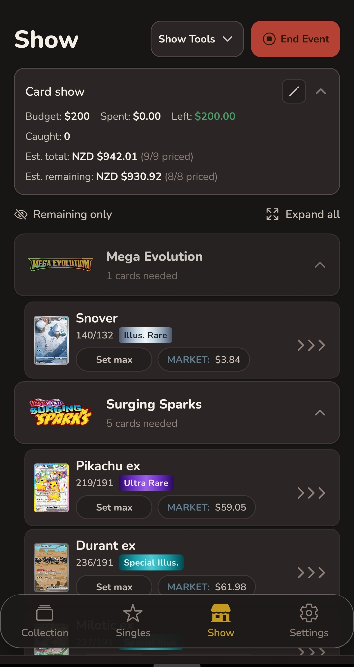 ShinyFindr Show tab with hunt list and budget tracker