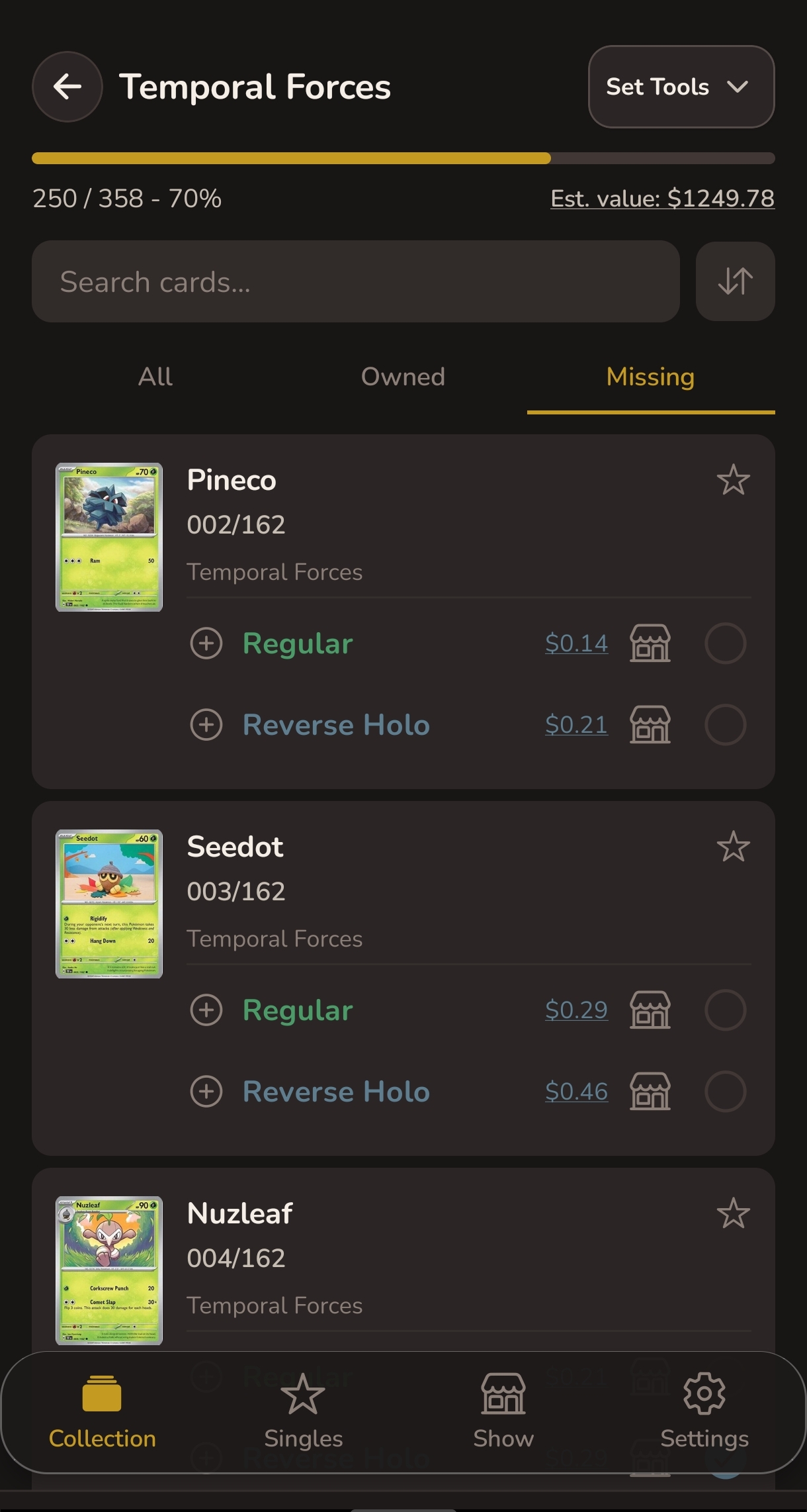 Set detail view showing missing cards with a gold progress bar