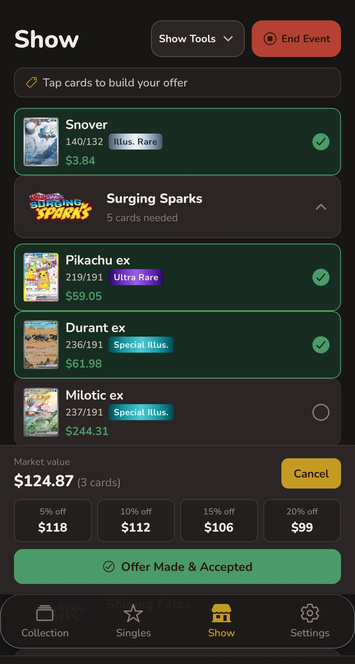 Make an offer screen showing bundled cards with discount options