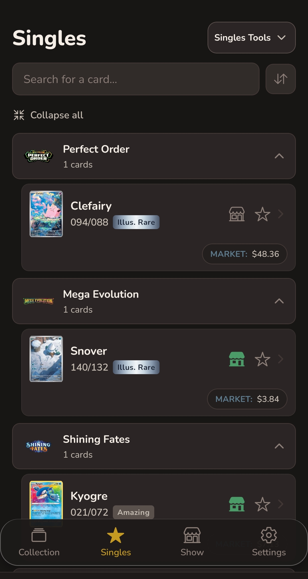 Singles want list showing cards grouped by set with market prices